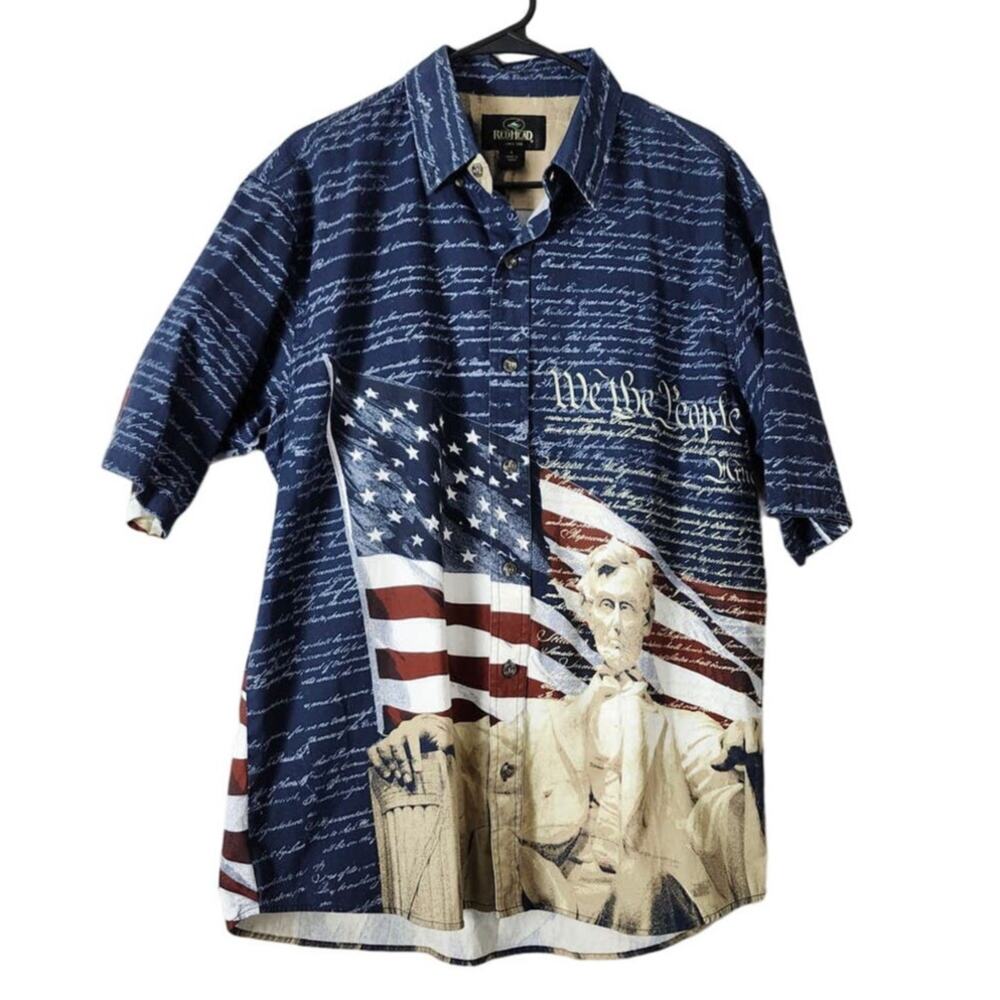 Redhead Button Down Shirt Size Large Blue‎ Short Sleeve Abraham Lincoln Flag